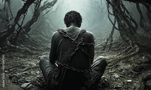 A figure sits bound in chains amidst dark, twisted roots in a haunting, shadowy environment.