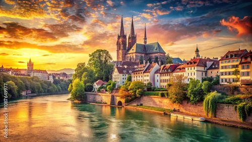 Vintage Basel City Center, Munster, Rhine River, Switzerland