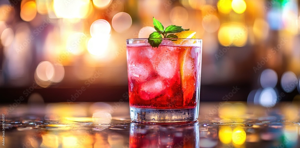 A vibrant cocktail garnished with mint and lemon, set against a blurred bar background. A vibrant cocktail garnished with mint and lemon, set against a blurred bar background.