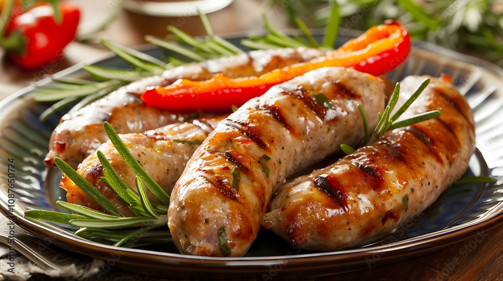 Homemade grilled sausages with pepper and rosemary branches on a plate Homemade grilled sausages with pepper and rosemary branches on a plate