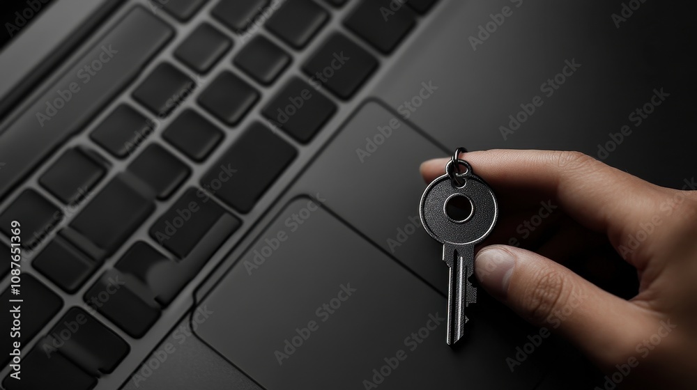 Close view of a digital key beside a laptop showing a fintech app for cybersecurity Close view of a digital key beside a laptop showing a fintech app for cybersecurity