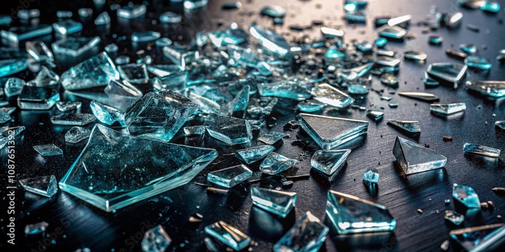 Shattered glass, airborne, against a dark void.