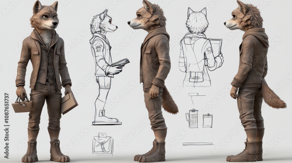 3D character design of a wolf in casual attire with various sketches. 3D character design of a wolf in casual attire with various sketches.