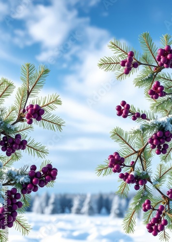 Spruce branches and purple berries as borders of achristmas frame with withe background christmas wreath decoration holiday frame photo