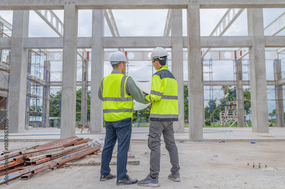 Two Asian engineer working at site of a large building project,Work overtime at construction site,Team of engineer discus at site,The architect, supervisor, and foreman meet to discuss the design Two Asian engineer working at site of a large building project,Work overtime at construction site,Team of engineer discus at site,The architect, supervisor, and foreman meet to discuss the design