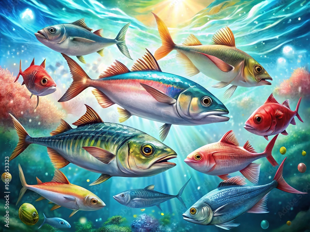 Naklejka premium Watercolor Sea & Ocean Fish Bokeh Art - Horse Mackerel, Mackerel, Anchovy, Herring, Tuna, Bluefish, Sturgeon, Red Sea Bass