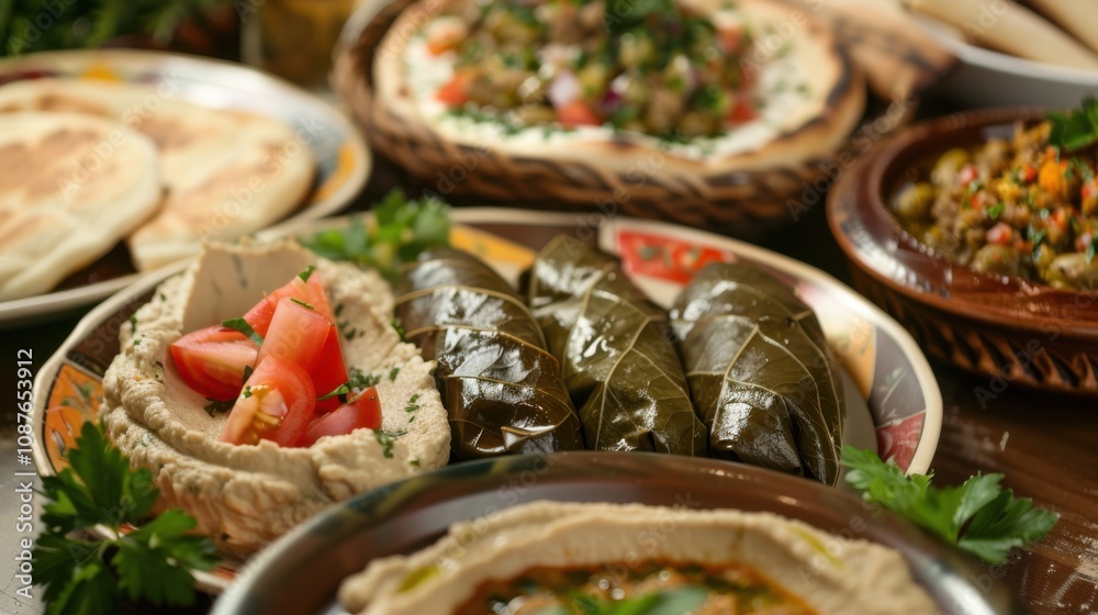 A delectable plate of Mediterranean mezze featuring hummus, baba ganoush A delectable plate of Mediterranean mezze featuring hummus, baba ganoush