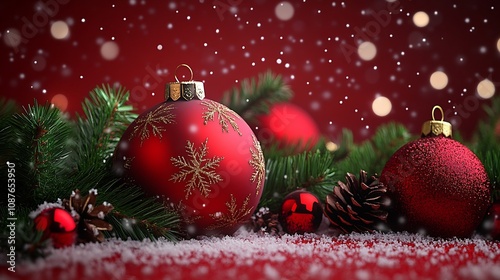 Elegant Red Christmas Decorations with Snowflakes and Evergreen Pine Branches : Generative AI