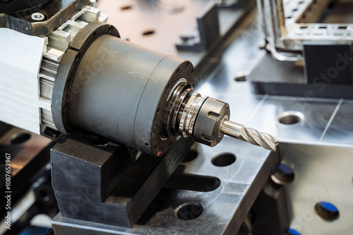 A machine is cutting a piece of metal with a drill bit photo