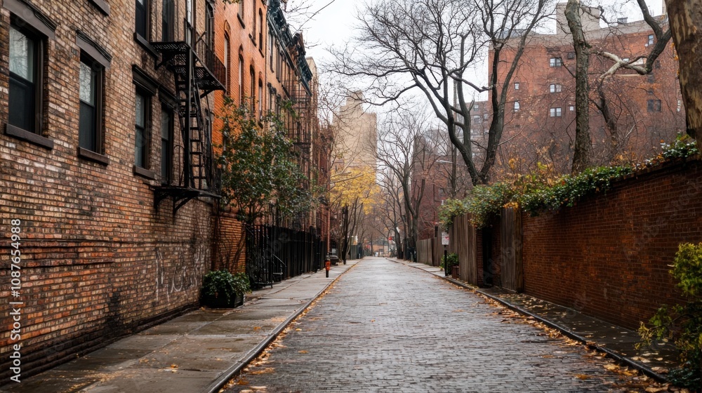 Rainy Day Cobblestone Street, Brick Buildings, Autumn Leaves, New York City Rainy Day Cobblestone Street, Brick Buildings, Autumn Leaves, New York City