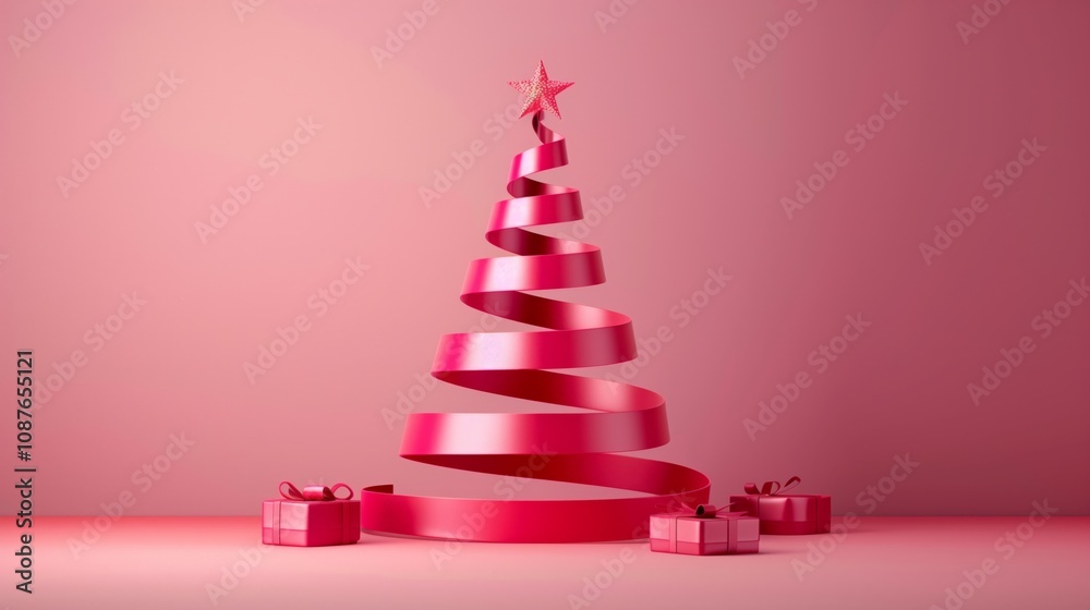 A minimalist pink Christmas tree made of swirling ribbon with a star on top, accompanied by matching gifts. A minimalist pink Christmas tree made of swirling ribbon with a star on top, accompanied by matching gifts.