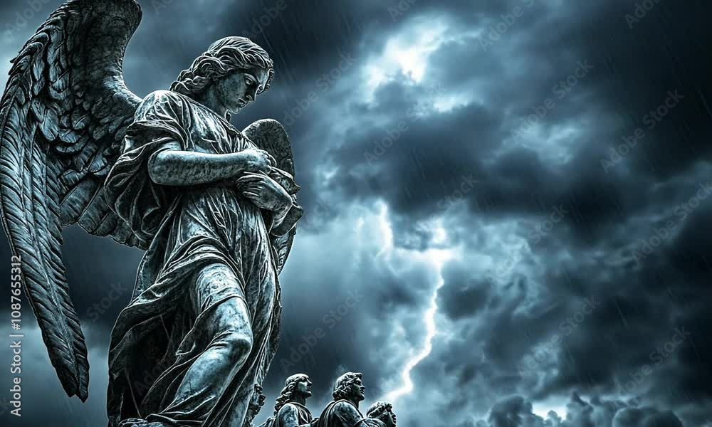 A dramatic scene featuring angelic statues against a stormy sky with lightning. A dramatic scene featuring angelic statues against a stormy sky with lightning.
