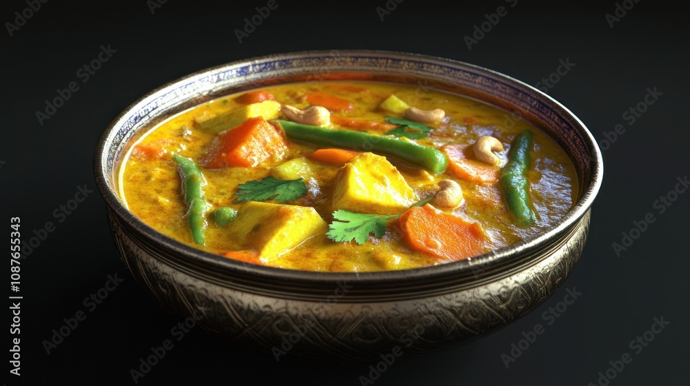 A vibrant bowl of vegetable curry with colorful ingredients, garnished with cilantro. A vibrant bowl of vegetable curry with colorful ingredients, garnished with cilantro.