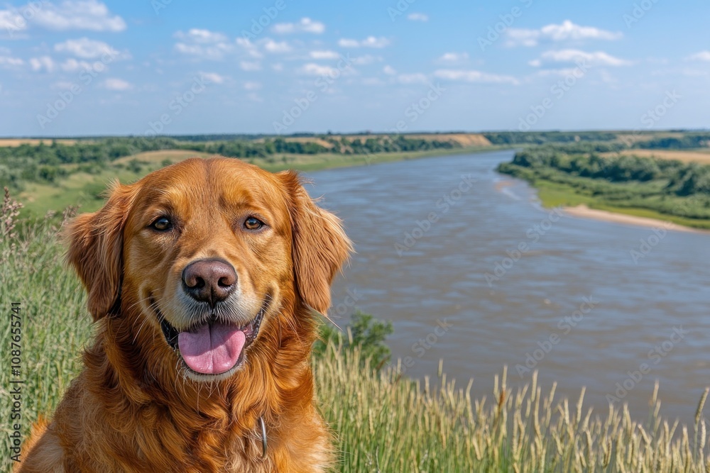 A happy golden retriever sits by a river, enjoying a sunny day in nature. A happy golden retriever sits by a river, enjoying a sunny day in nature.