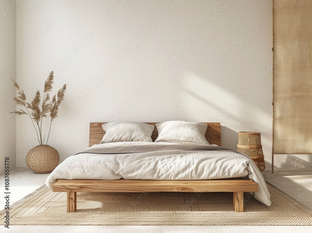 Minimalist bedroom with a wooden bed, natural textures, and pampas grass in a woven basket Minimalist bedroom with a wooden bed, natural textures, and pampas grass in a woven basket