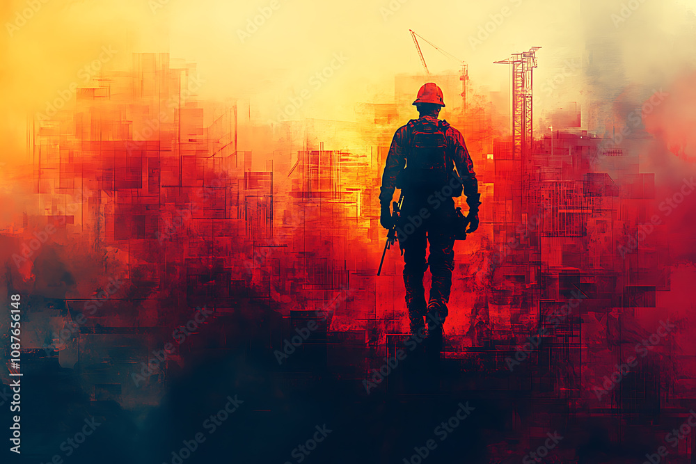 Fototapeta premium Abstract digital banner with a construction worker silhouette, featuring geometric shapes, cranes, beams, and tools, highlighting energy and hard work in a futuristic design. 
