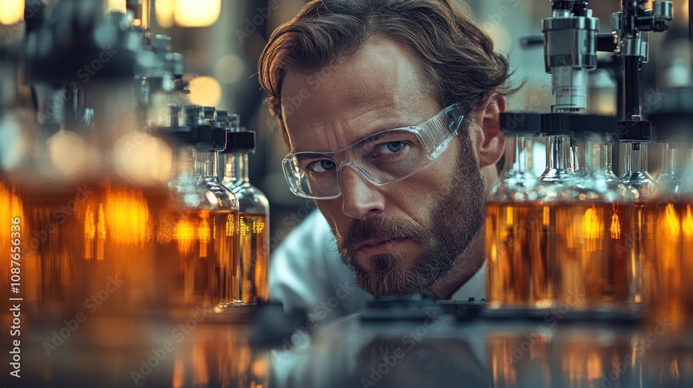 A scientist focuses intently on analyzing liquid samples in a well-equipped laboratory. The warm glow from the glass bottles adds an intriguing atmosphere to the workspace