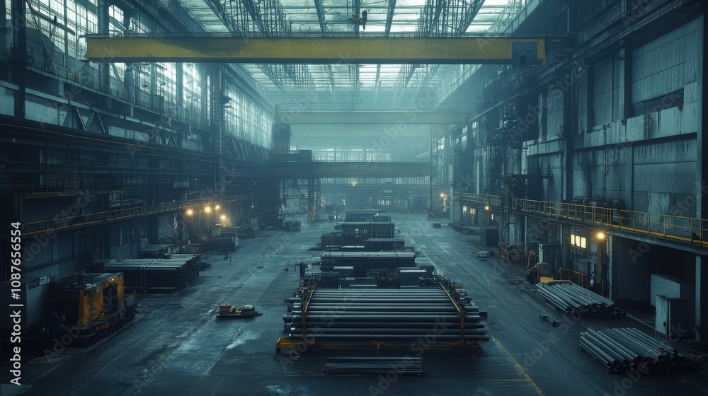 Industrial Factory Interior Steel Pipes, Cranes, and Metal Industrial Factory Interior Steel Pipes, Cranes, and Metal