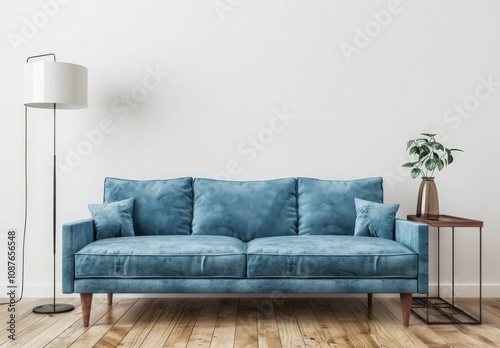 Minimalist living room interior with a blue sofa  two end tables  a lamp  and a plant in a white pot