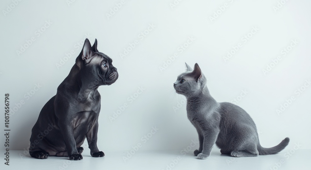 A French Bulldog and a gray kitten face each other in a minimalist setting. A French Bulldog and a gray kitten face each other in a minimalist setting.