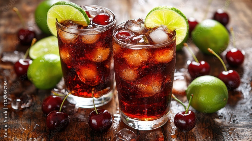 Two glasses of refreshing soda with ice, lime, and cherries on a wooden surface. Two glasses of refreshing soda with ice, lime, and cherries on a wooden surface.