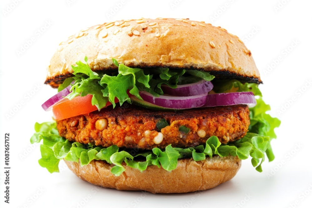 A vibrant vegetarian burger with lettuce, tomato, onion, and a sesame seed bun. A vibrant vegetarian burger with lettuce, tomato, onion, and a sesame seed bun.