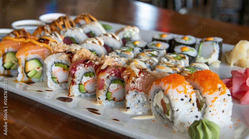 A delectable platter of assorted sushi rolls including California rolls, spicy tuna rolls A delectable platter of assorted sushi rolls including California rolls, spicy tuna rolls