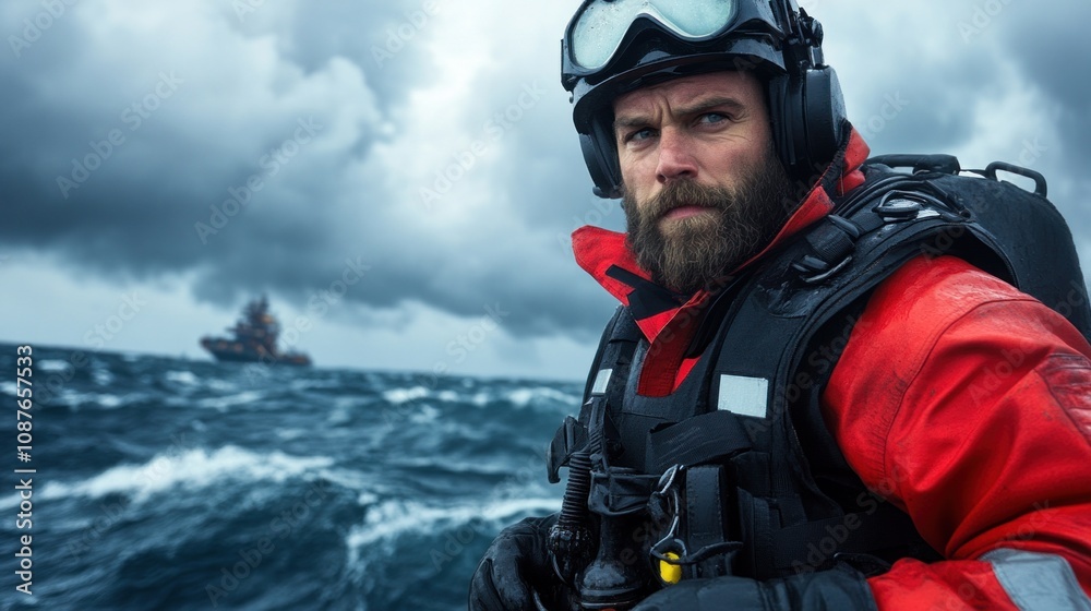 Obraz premium coast guard crewmember in bright red gear scans the rough seas for signs of distress. backdrop features dark clouds and an approaching vessel, highlighting the urgency of the rescue
