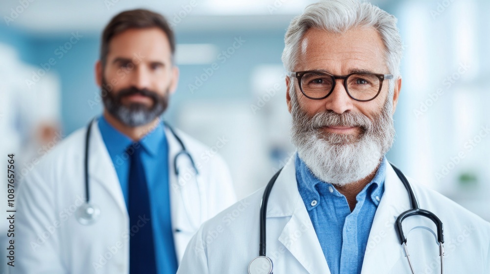 Two male doctors, one with a beard and glasses, look confidently at the camera in a well-lit medical office, showcasing a professional and friendly atmosphere for patients Two male doctors, one with a beard and glasses, look confidently at the camera in a well-lit medical office, showcasing a professional and friendly atmosphere for patients