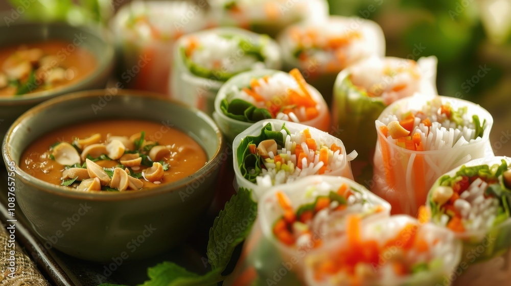 A delectable platter of assorted Vietnamese spring rolls served with peanut dipping sauce, Spring rolls arranged in a diagonal pattern