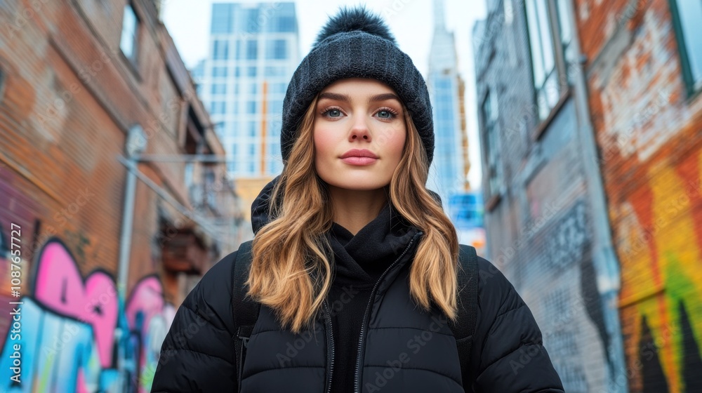 young woman poses in an urban alley filled with vibrant graffiti art, dressed warmly in a puffer jacket and knitted beanie, showcasing confidence and style against a city backdrop young woman poses in an urban alley filled with vibrant graffiti art, dressed warmly in a puffer jacket and knitted beanie, showcasing confidence and style against a city backdrop