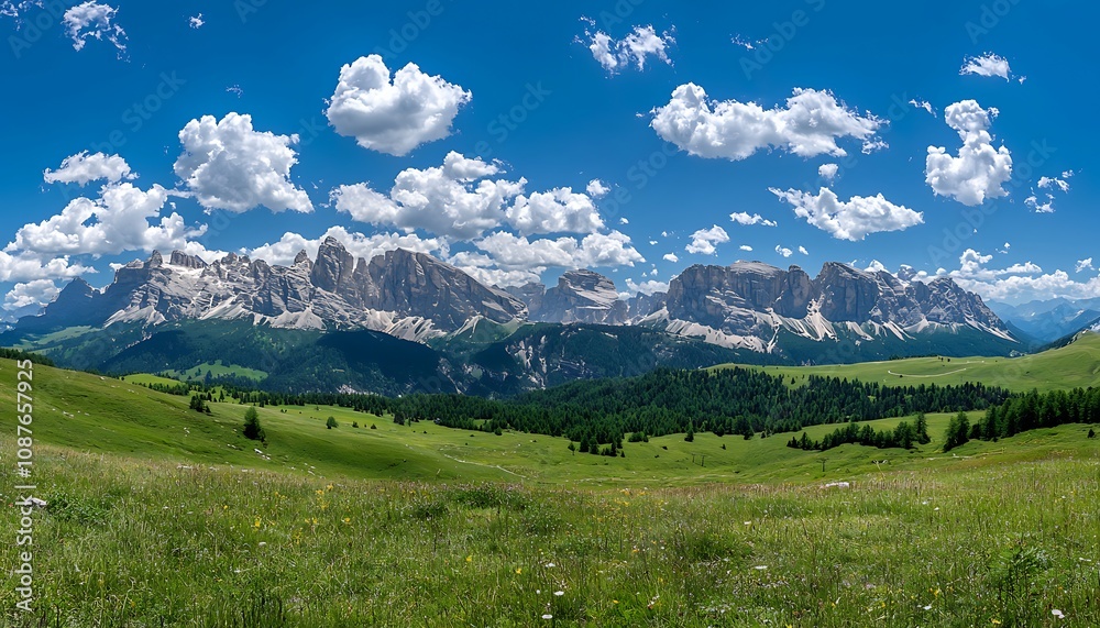 Obraz premium A magnificent panorama the mountains. Wonderful nature landscape. Amazing sunny day in Dolomites Alps. Incredible natural scenery. Famous alpine place the world. Picture wild area.
