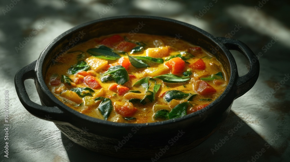 A vibrant vegetable curry in a dark bowl, showcasing colorful ingredients and herbs. A vibrant vegetable curry in a dark bowl, showcasing colorful ingredients and herbs.