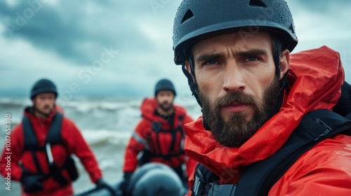 group of rescue workers in bright red gear gathers near tumultuous ocean waves. Dark clouds indicate an impending storm as they ready for an emergency mission photo