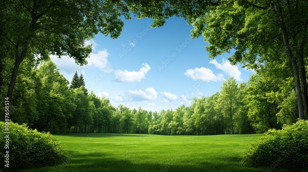 Naklejka premium A vast green field stretches out, edged by a variety of trees under a brilliant blue sky with scattered clouds. The sunlight bathes the area, creating a peaceful outdoor atmosphere