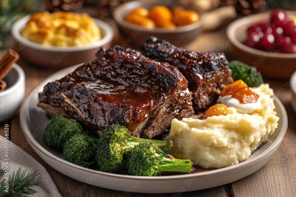 A delicious plate featuring beef, mashed potatoes, broccoli, and fruit. A delicious plate featuring beef, mashed potatoes, broccoli, and fruit.