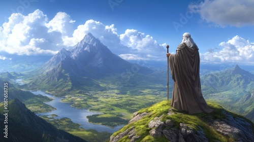 robed figure with a staff gazes over sweeping green valleys and majestic mountains, appreciating the serene beauty of nature under a clear blue sky