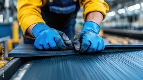 In a manufacturing facility, a worker wearing blue gloves is meticulously handling thick black material sheets, ensuring precision and quality in the production process