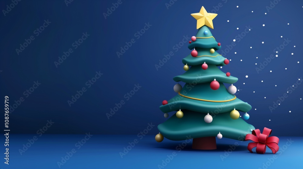 A beautifully decorated Christmas tree with a star on top and a red gift box, against a snowy blue background. A beautifully decorated Christmas tree with a star on top and a red gift box, against a snowy blue background.