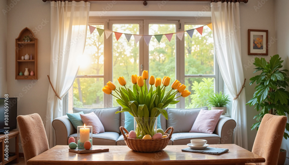 Fototapeta premium Easter tulips and festive decorations in a cozy living room.