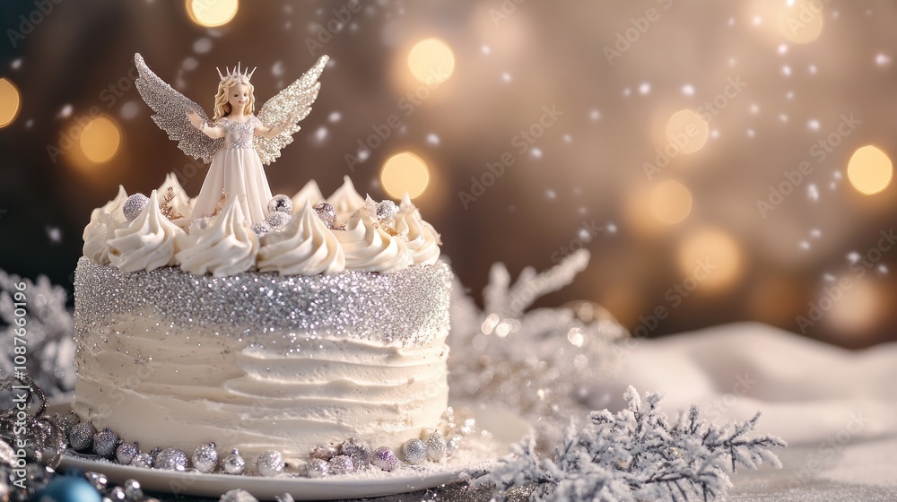 A festive cake topped with an angel figurine, surrounded by holiday decorations and soft lights. A festive cake topped with an angel figurine, surrounded by holiday decorations and soft lights.