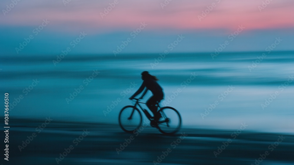 Fototapeta premium Silhouette Cyclist Coastal Ride Blurry Motion Sunset Beach Ocean