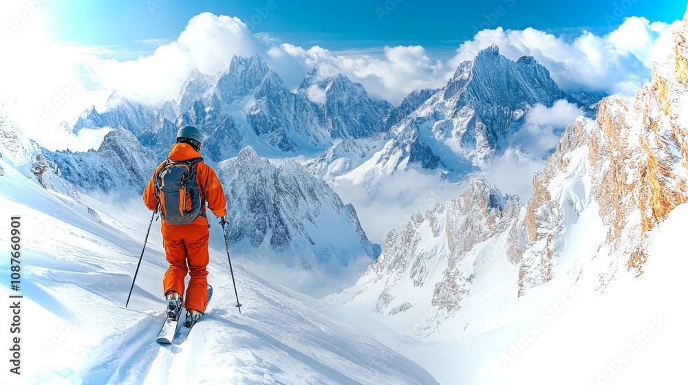 Skier glides down a steep snowy mountain surrounded by majestic peaks on a bright sunny day Skier glides down a steep snowy mountain surrounded by majestic peaks on a bright sunny day