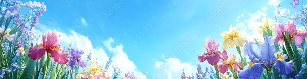 A vibrant field of colorful flowers under a bright blue sky. A vibrant field of colorful flowers under a bright blue sky.
