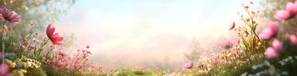 A serene landscape filled with colorful flowers under a soft, dreamy sky. A serene landscape filled with colorful flowers under a soft, dreamy sky.