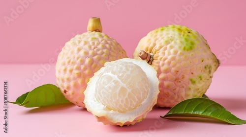 king size fresh lichees with a peeled one on pink at horizontal composition photo