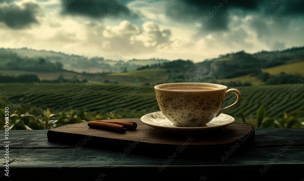 A steaming cup of coffee on a wooden board, set against a serene landscape of rolling hills. A steaming cup of coffee on a wooden board, set against a serene landscape of rolling hills.