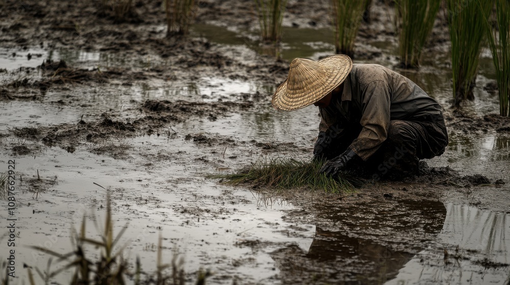 Muddy Rice Paddy Farmer Planting Rice Seedlings in Asia Muddy Rice Paddy Farmer Planting Rice Seedlings in Asia