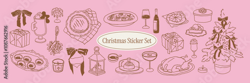 Hand-drawn naive doodle Christmas graphics of festive food, drinks, hot chocolate with gingerbread man, desserts, appetizers, Christmas tree with bows. Vector line art chalk cliparts in sketch style 
