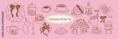Winter hand-drawn line art New Year illustrations. Sketchy doodles for cards, menus, invitations. Hot chocolate with gingerbread man, food, drinks, desserts, appetizers, Christmas wreaths with bows. 